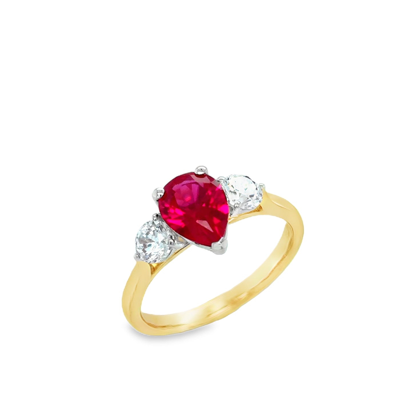 9ct Yellow Gold Pear Cut Created Ruby Ring with Round CZ Shoulders