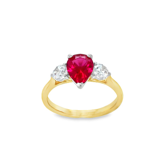 9ct Yellow Gold Pear Cut Created Ruby Ring with Round CZ Shoulders