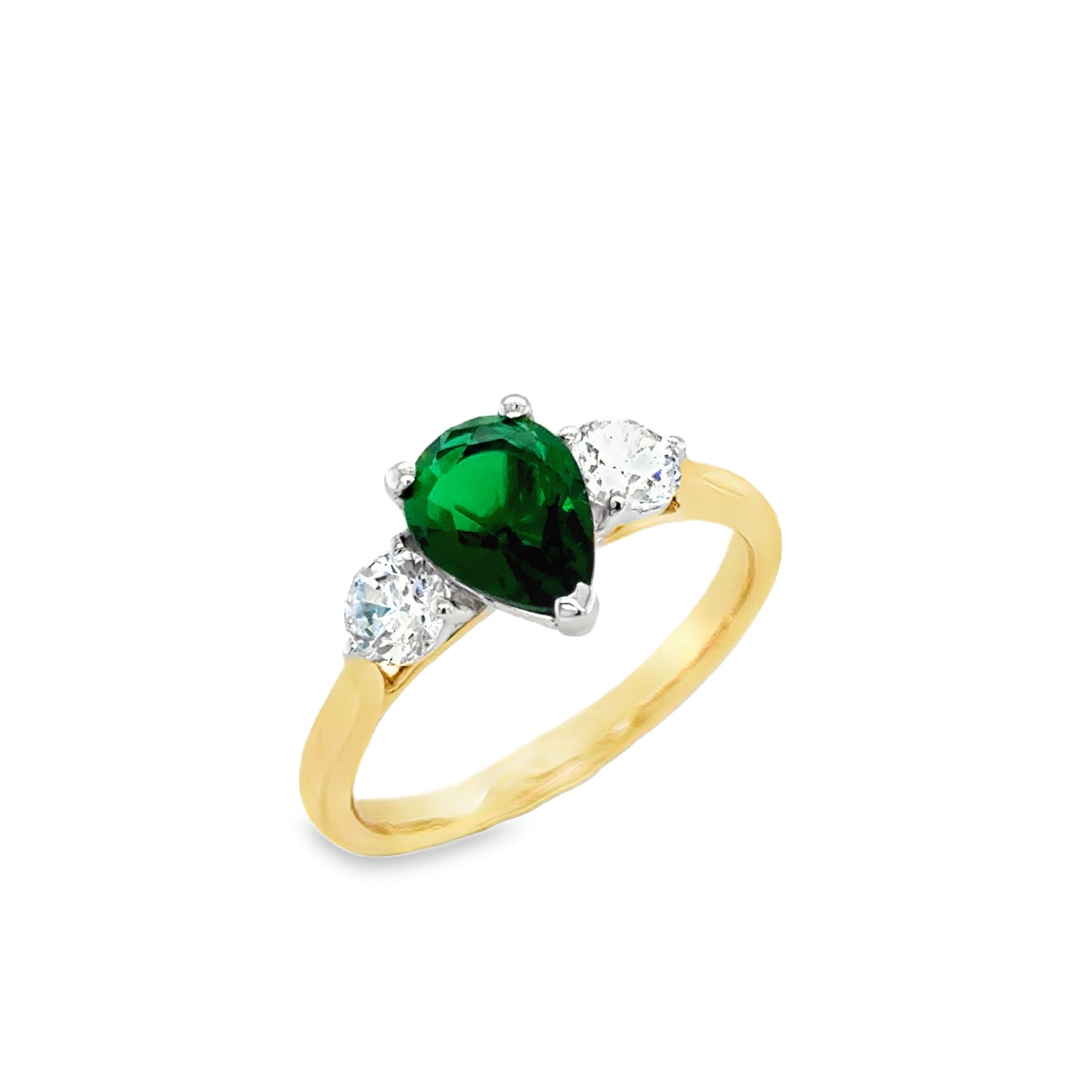 9ct Yellow gold Pear Cut Created Emerald Ring with Round CZ Shoulders