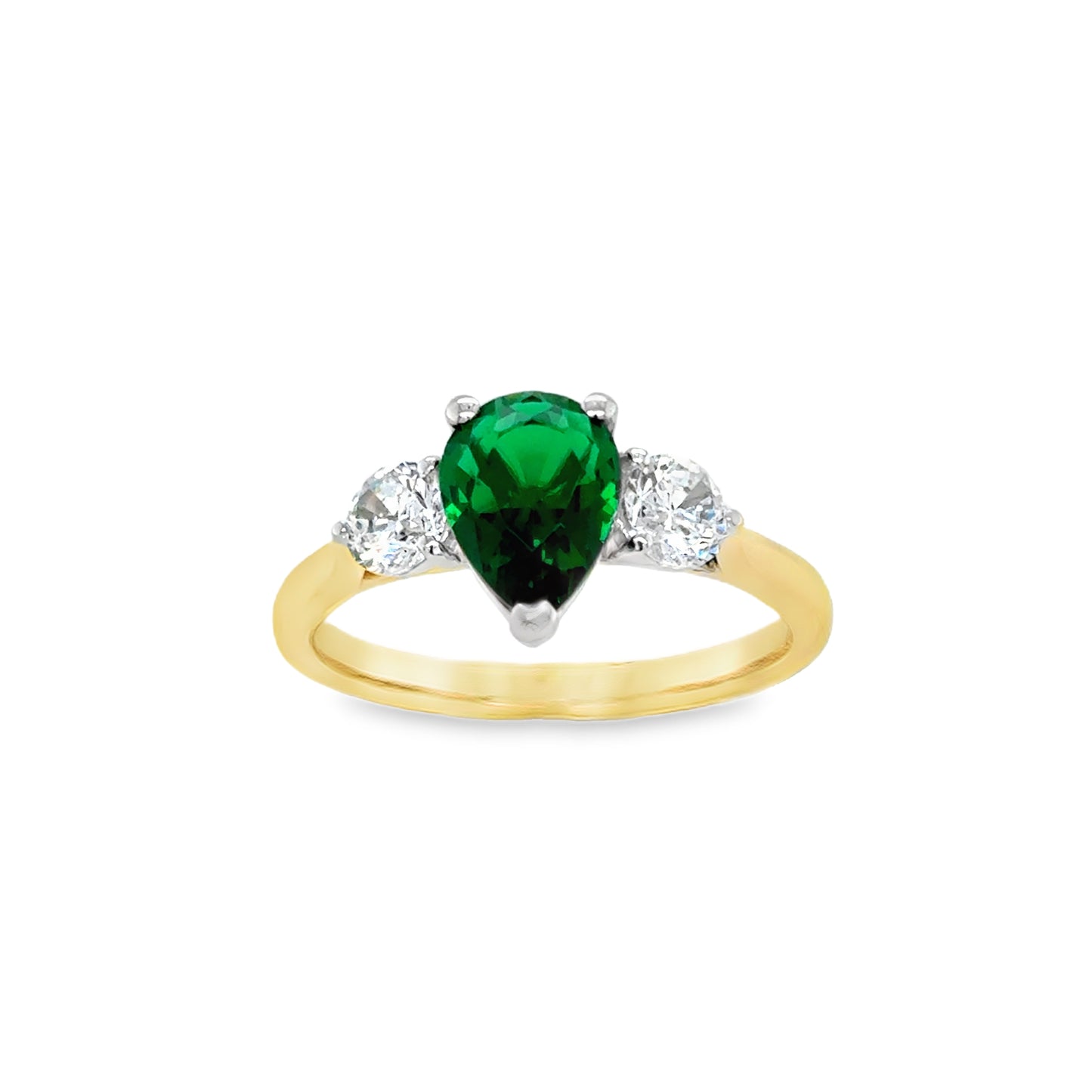 9ct Yellow gold Pear Cut Created Emerald Ring with Round CZ Shoulders