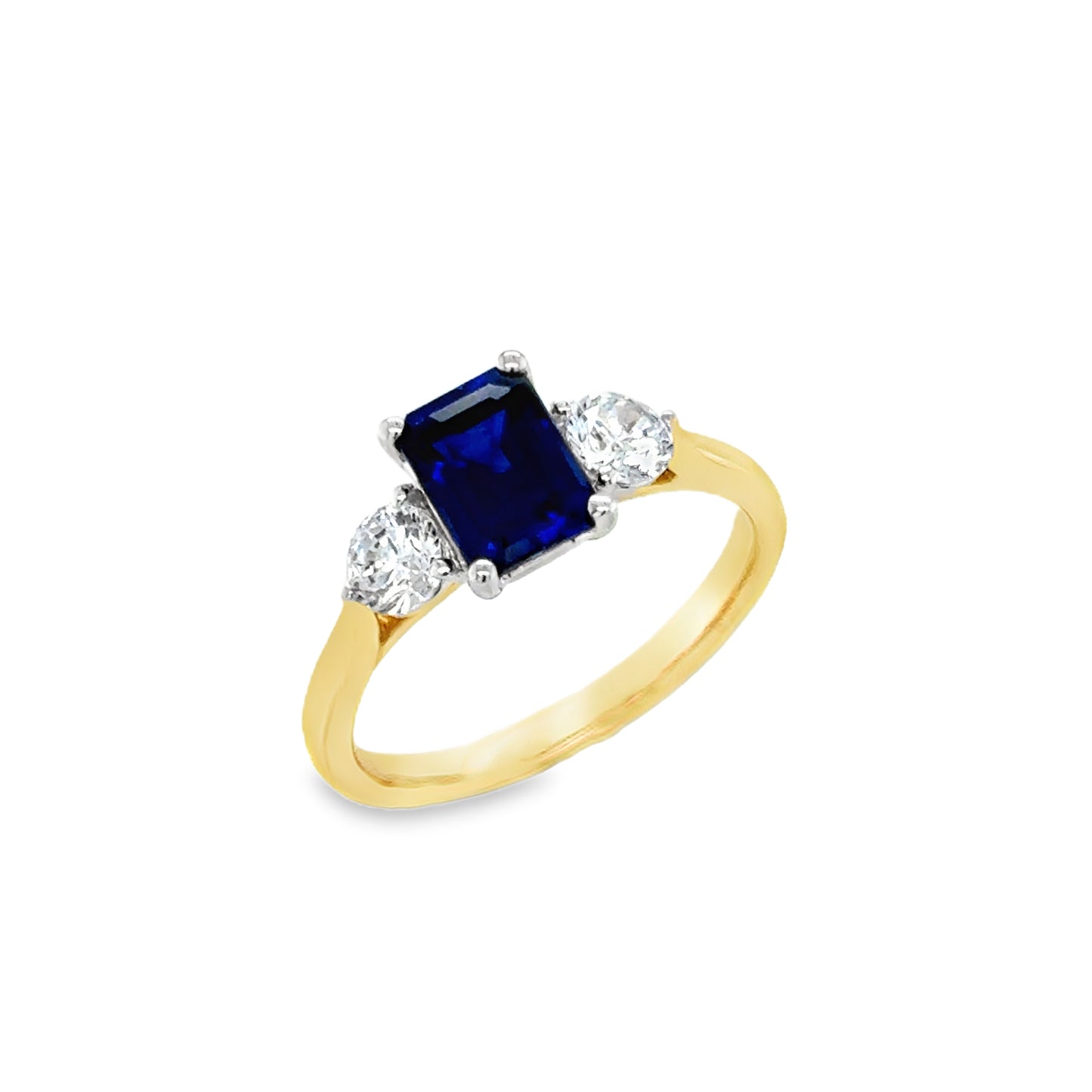 9ct Yellow Gold Emerald Cut Created Sapphire Ring with Round CZ Shoulders
