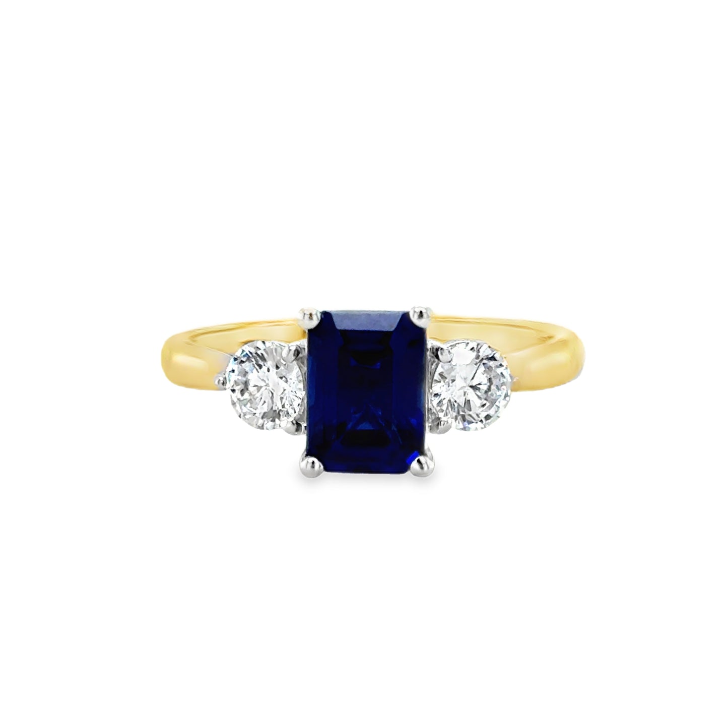 9ct Yellow Gold Emerald Cut Created Sapphire Ring with Round CZ Shoulders