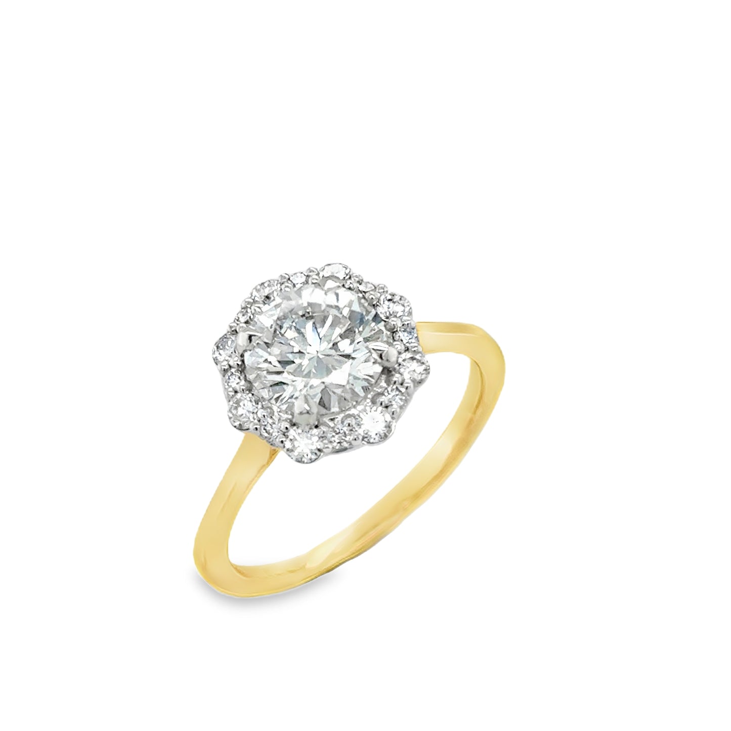 9ct Yellow Gold Round Brilliant Solitaire Diamond Ring with Fancy Diamond Set Halo 1.81ct