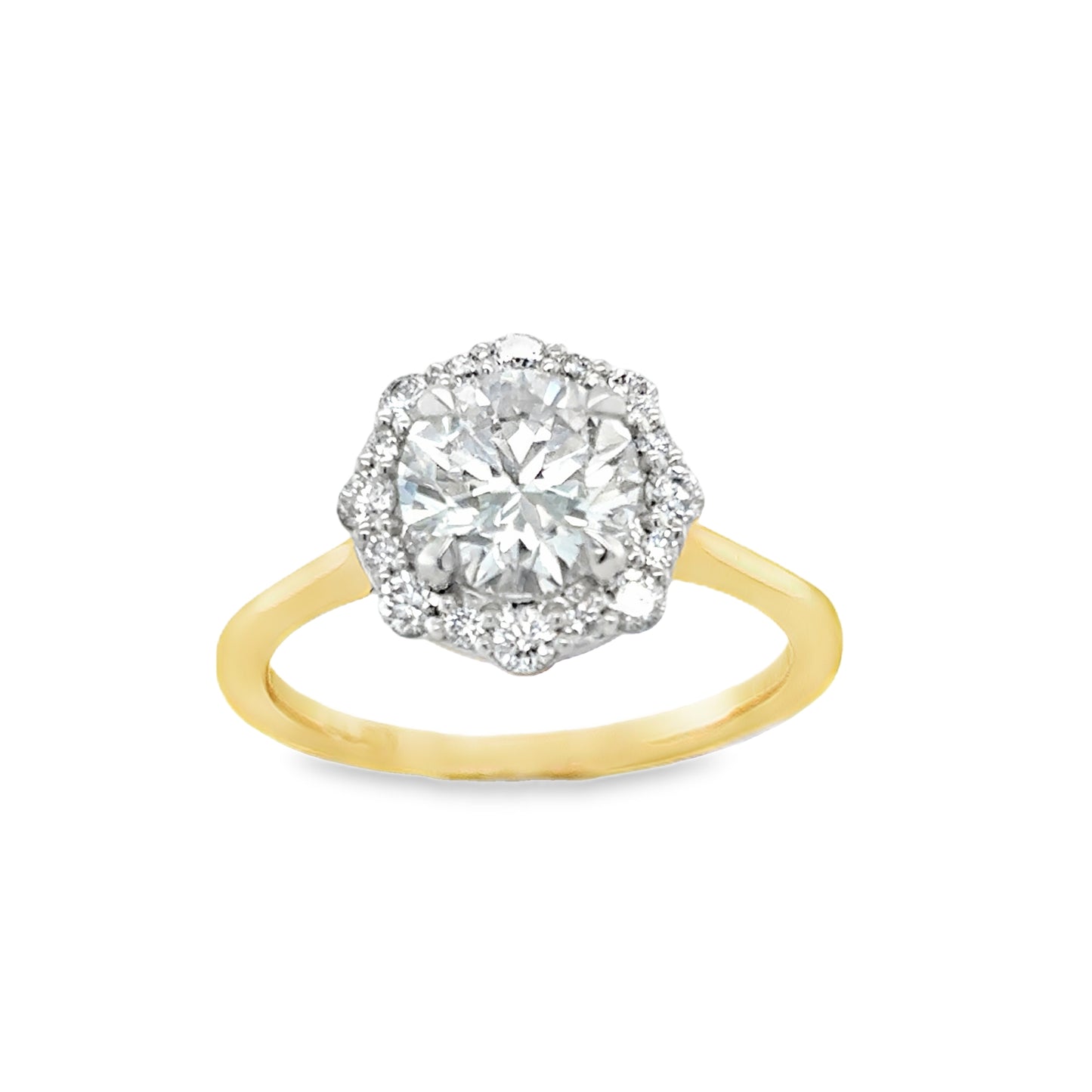 9ct Yellow Gold Round Brilliant Solitaire Diamond Ring with Fancy Diamond Set Halo 1.81ct