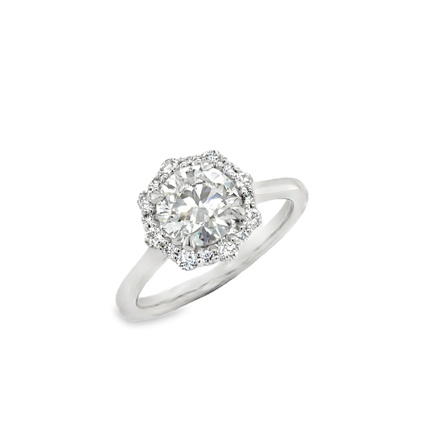 Platinum Round Brilliant Solitaire Diamond Ring with Fancy Diamond Set Halo 1.81ct