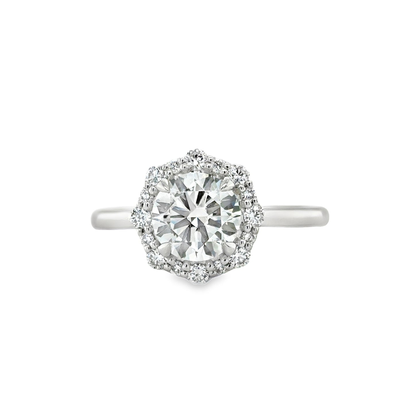 Platinum Round Brilliant Solitaire Diamond Ring with Fancy Diamond Set Halo 1.81ct