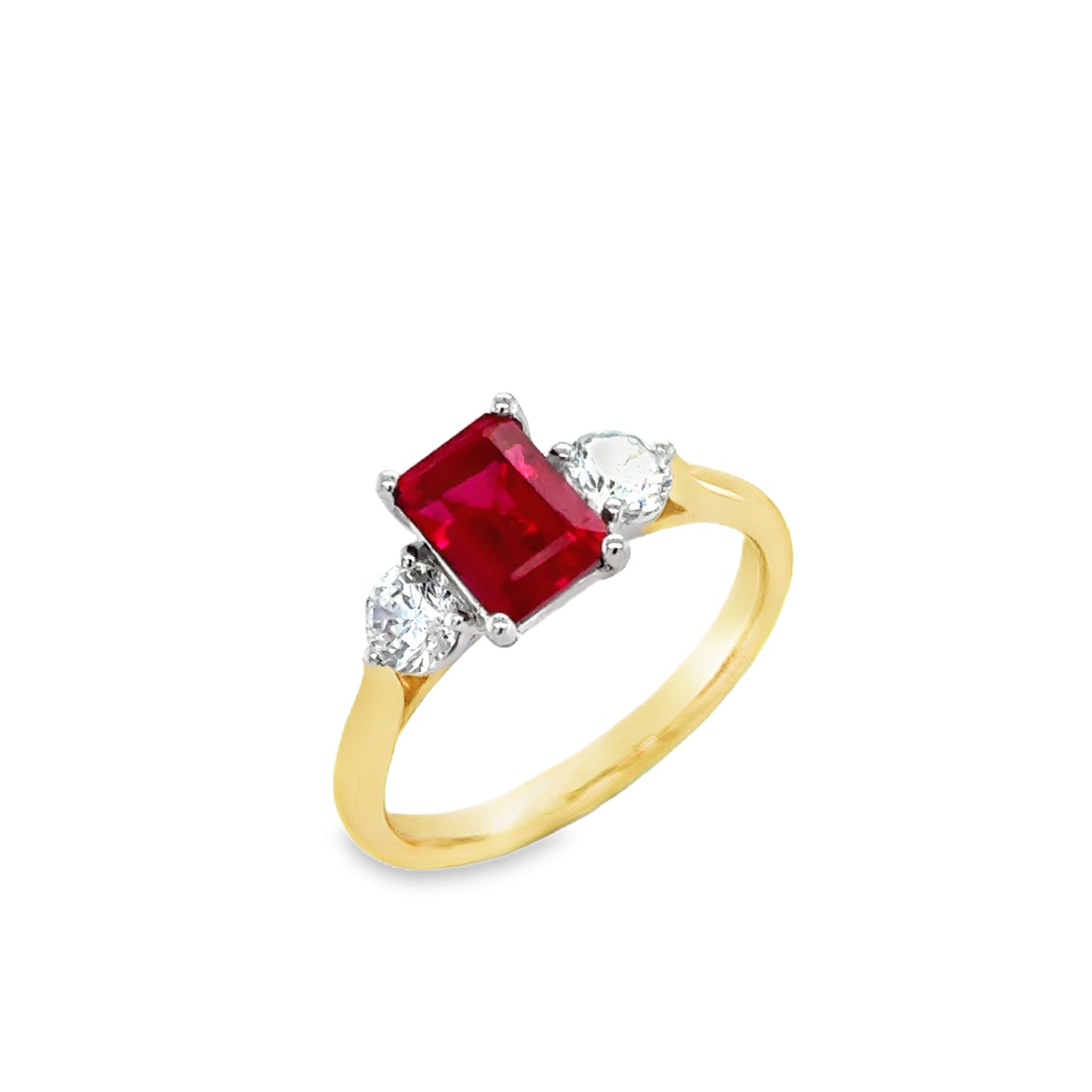 9ct Yellow Gold Emerald Cut Ruby Ring with CZ Shoulders