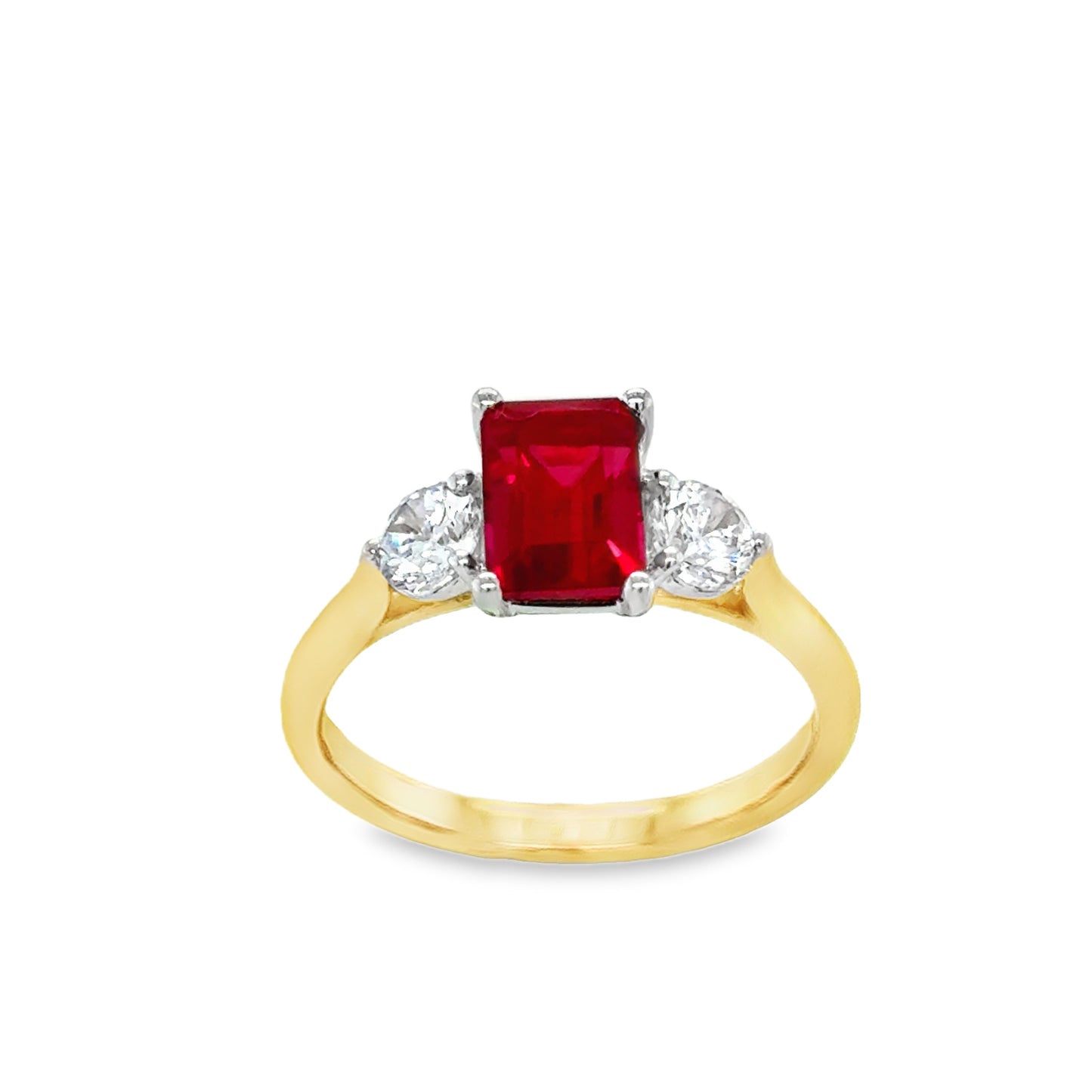 9ct Yellow Gold Emerald Cut Ruby Ring with CZ Shoulders