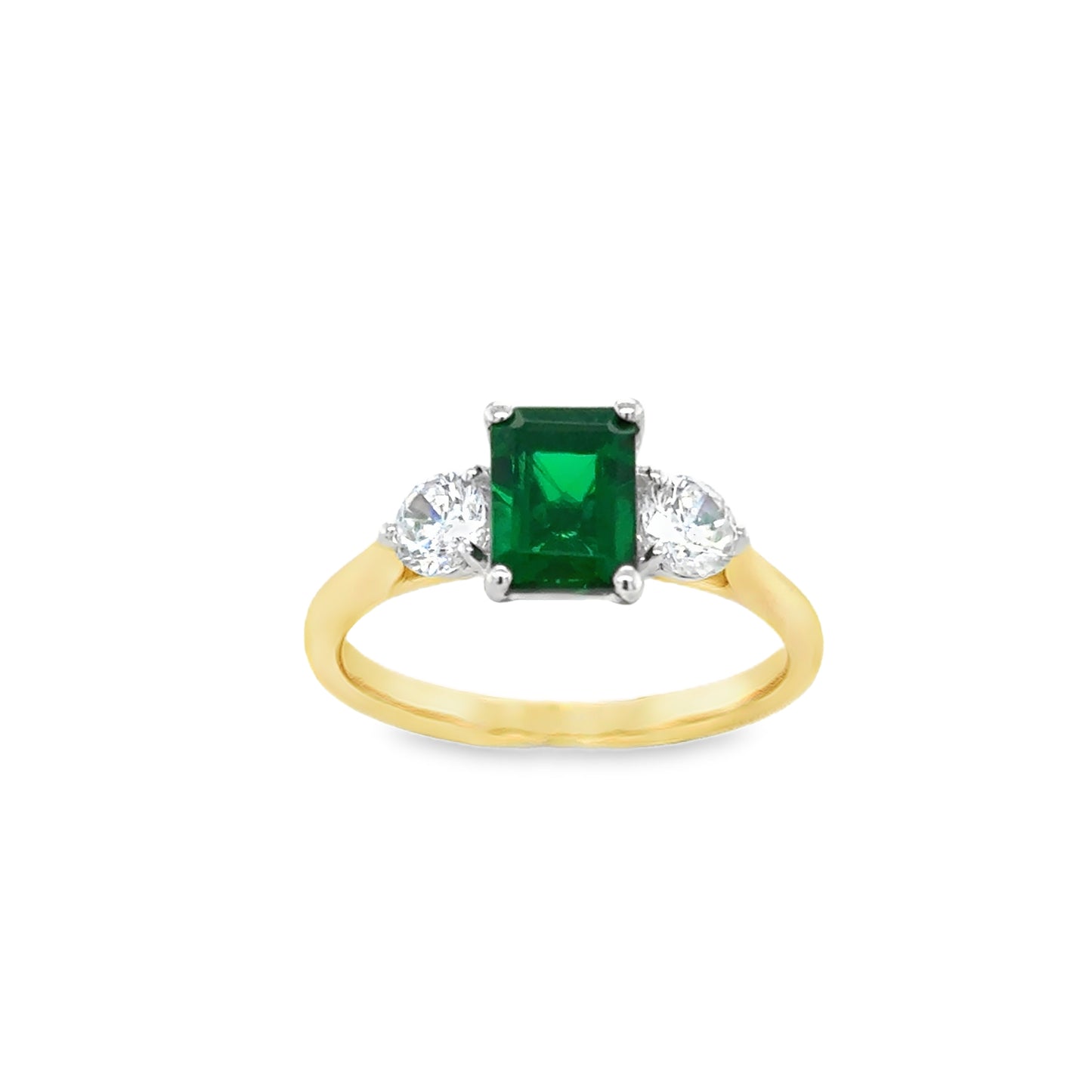 9ct Yellow Gold Emerald Cut Created Emerald Ring with CZ Shoulders