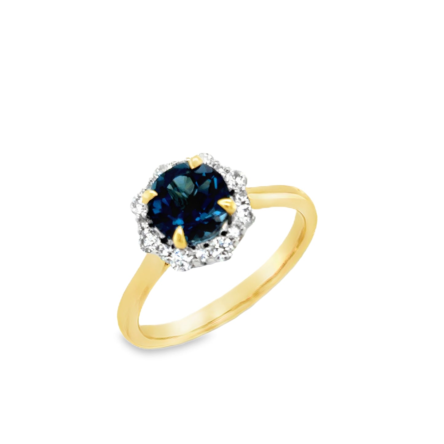 9ct Yellow Gold Round London Blue Topaz Ring with CZ Halo