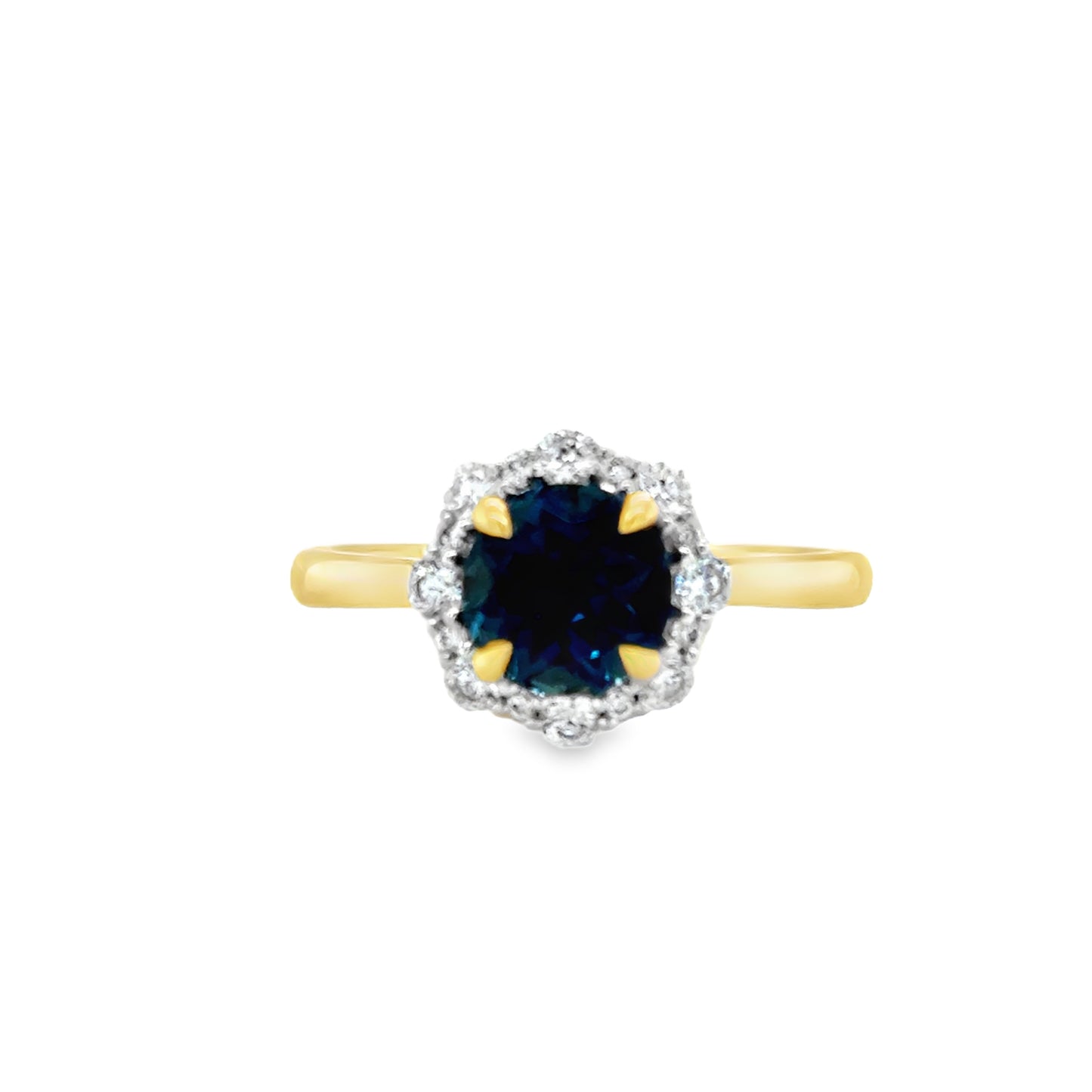 9ct Yellow Gold Round London Blue Topaz Ring with CZ Halo