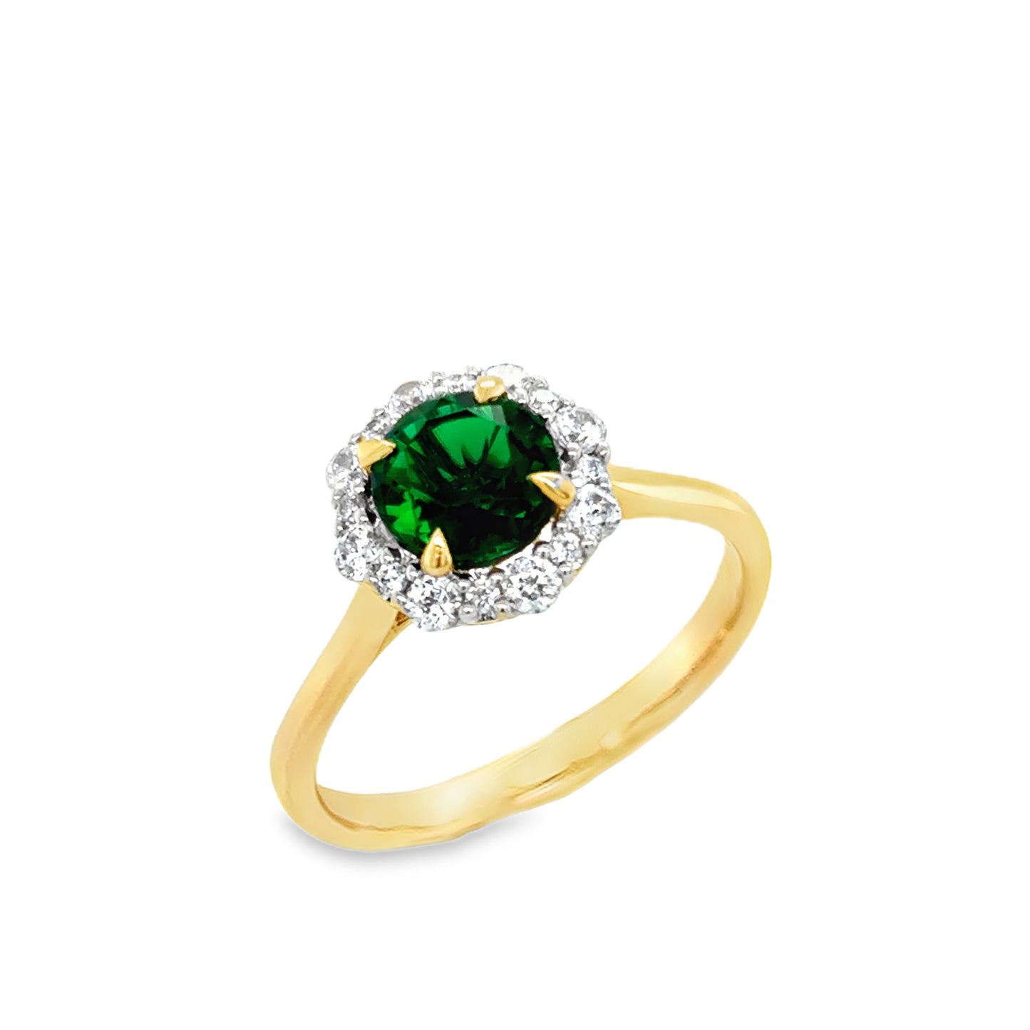 9ct Yellow Gold Round Emerald Ring with CZ Halo
