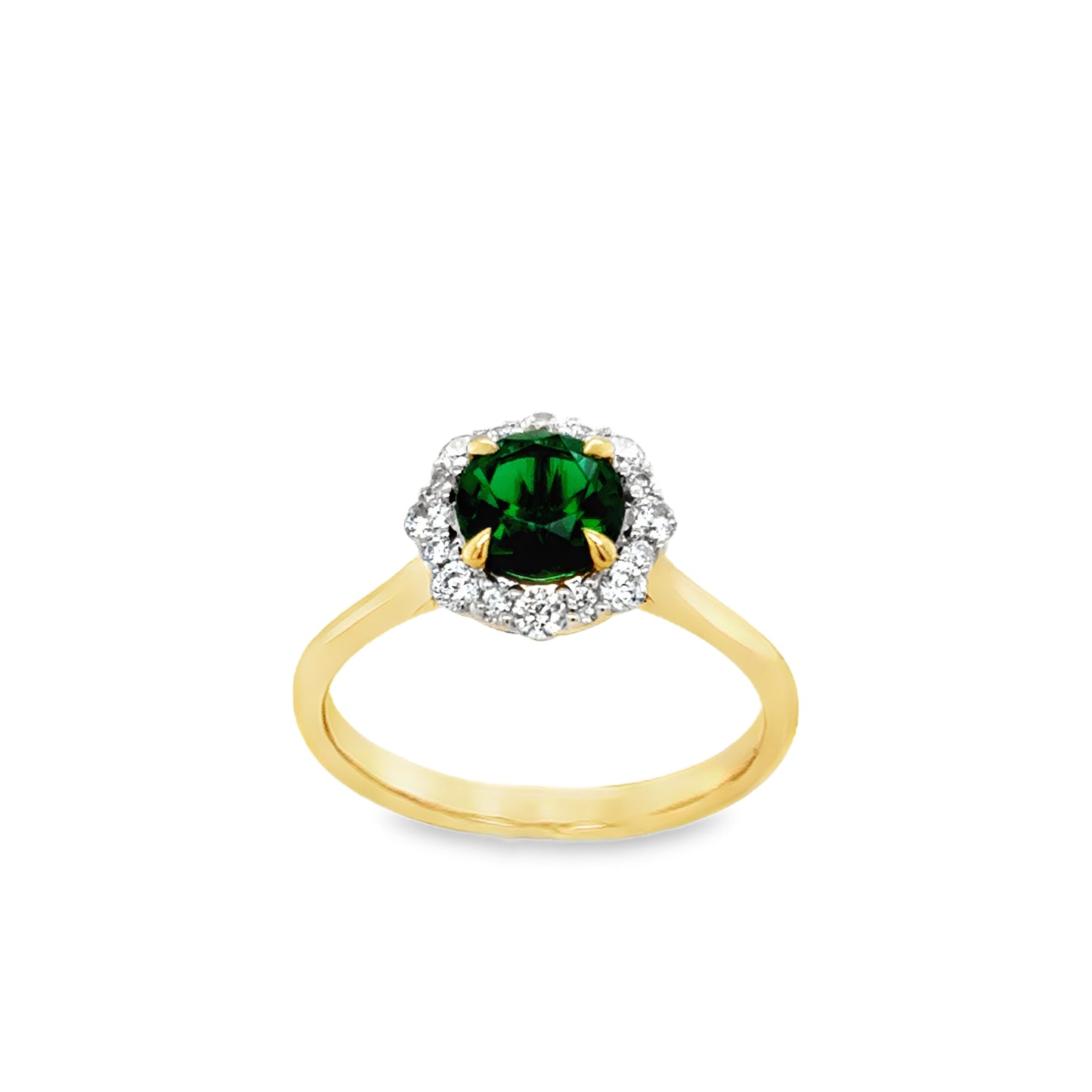 9ct Yellow Gold Round Emerald Ring with CZ Halo