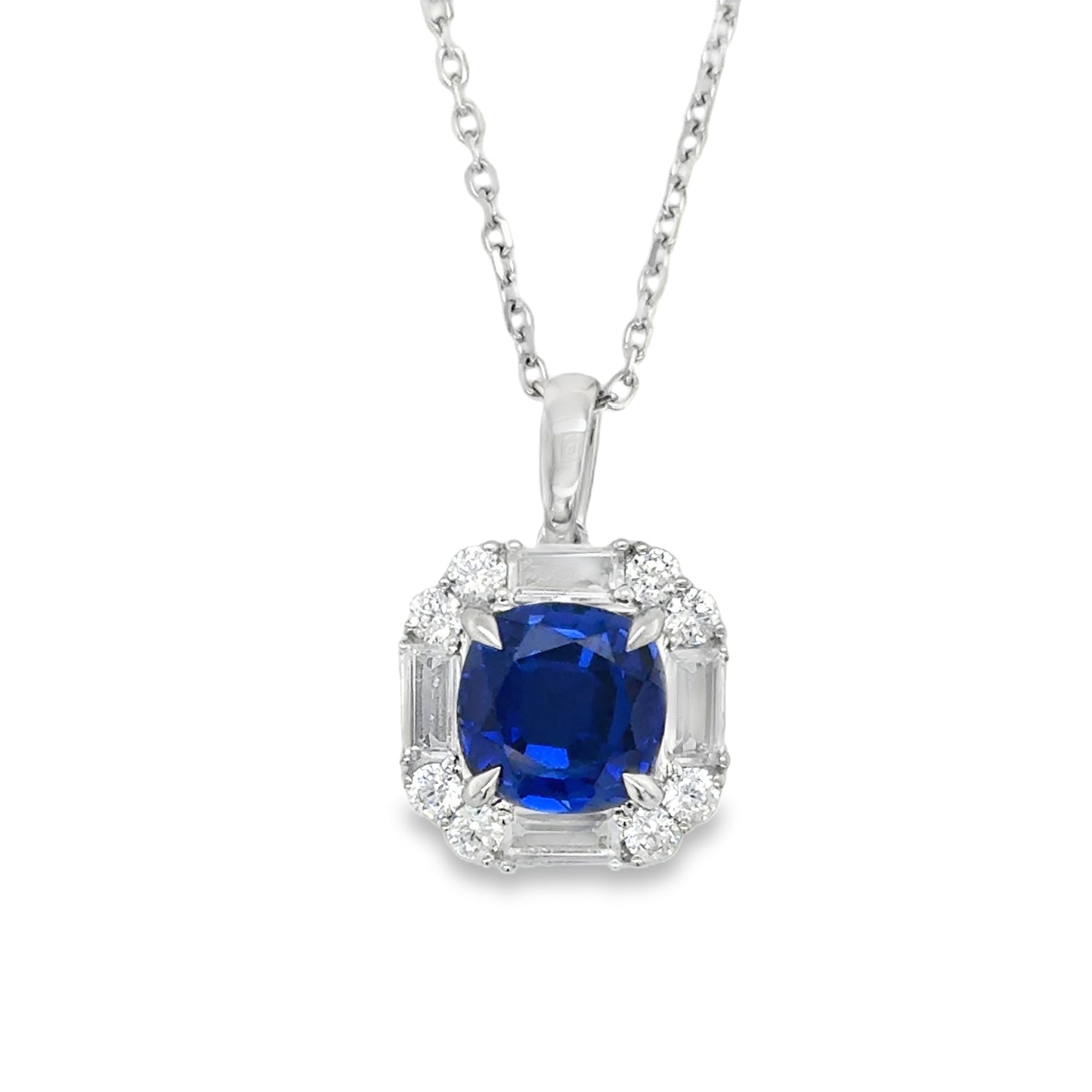 9ct White Gold CZ & Created Sapphire Cushion Fancy Halo Pendant
