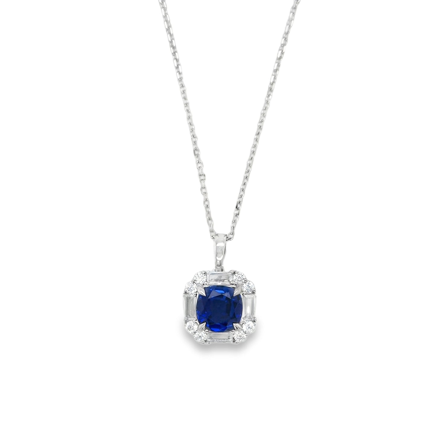 9ct White Gold CZ & Created Sapphire Cushion Fancy Halo Pendant