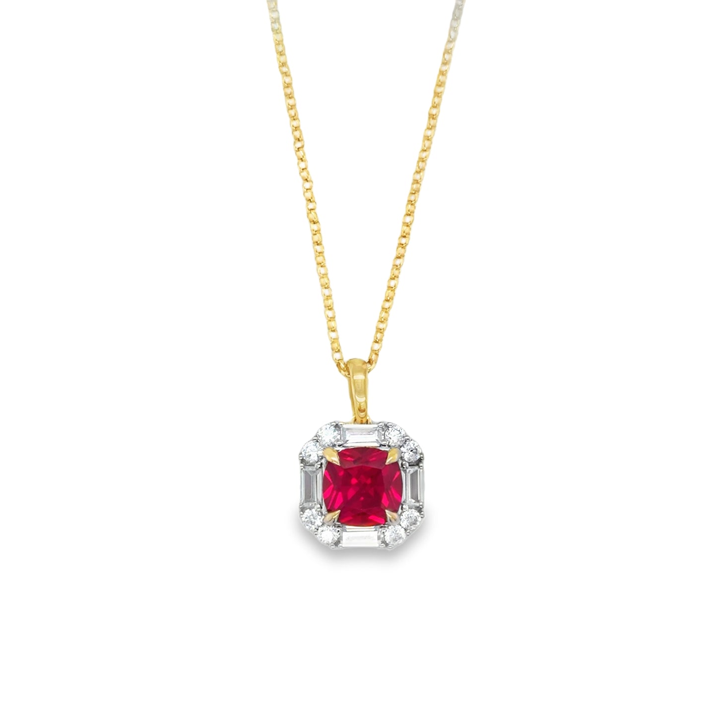 9ct White Gold CZ & Created Ruby Cushion Fancy Halo Pendant