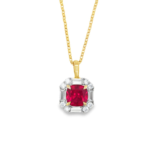9ct White Gold CZ & Created Ruby Cushion Fancy Halo Pendant