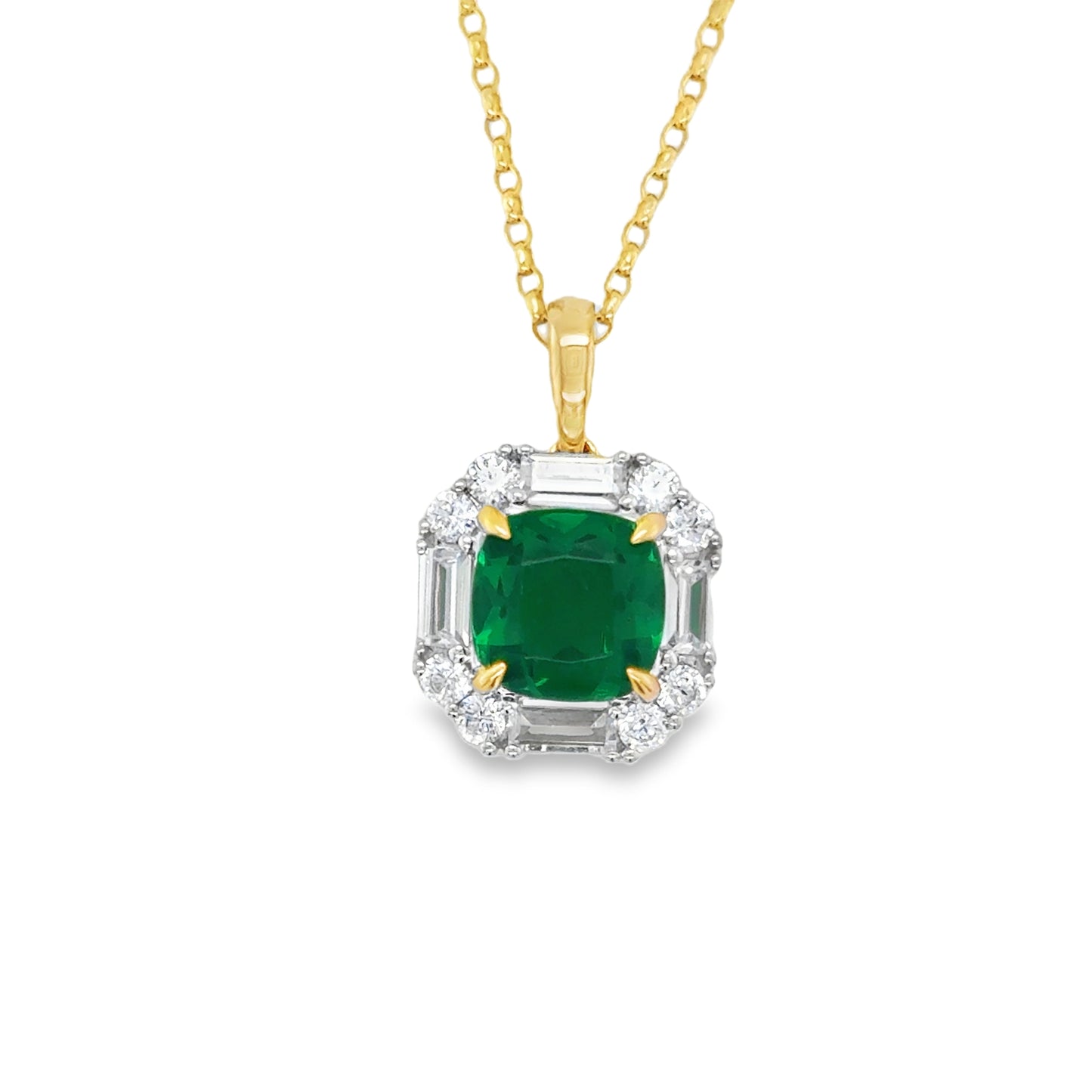 9ct White Gold CZ & Created Emerald Cushion Fancy Halo Pendant