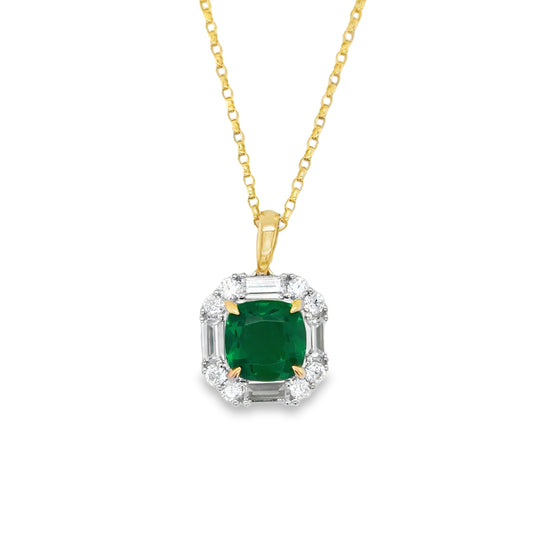 9ct White Gold CZ & Created Emerald Cushion Fancy Halo Pendant