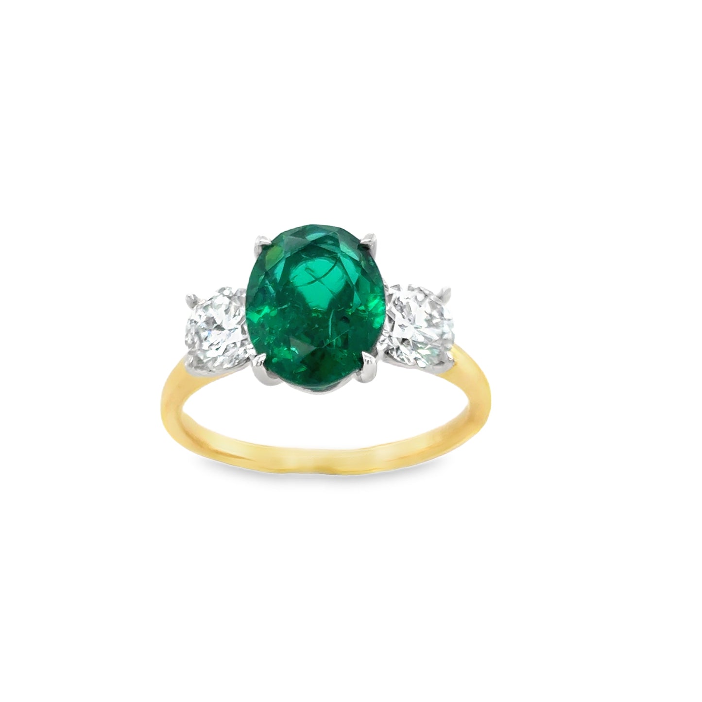 9ct 3 Stone Cultured Oval Emerald With Cultured Diamond Shoudlers 1.00ct