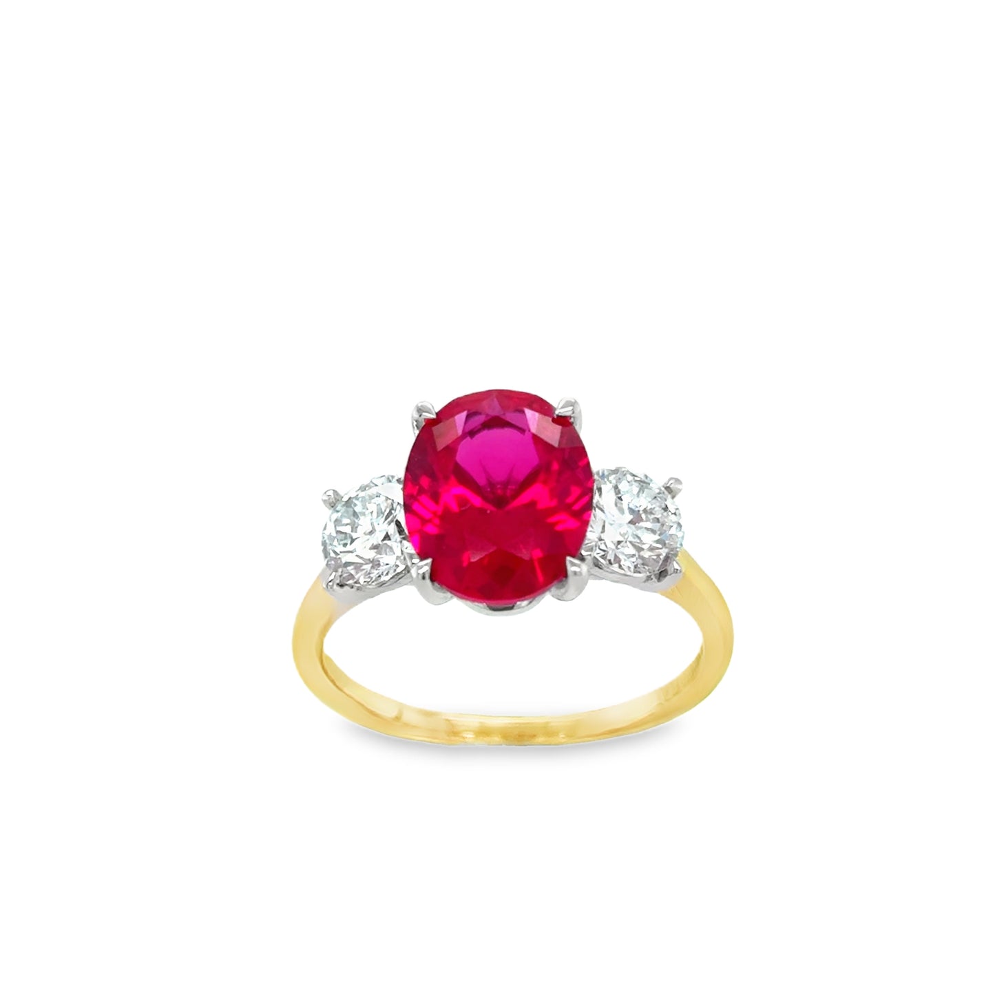 9ct 3 Stone Cultured Oval Ruby With Cultured Diamond Shoudlers 1.00ct