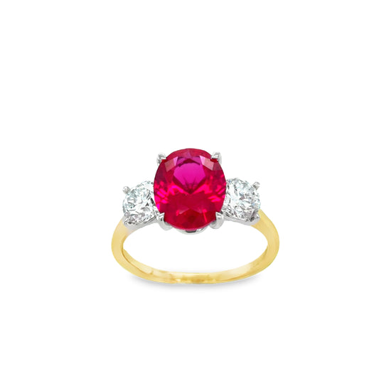 9ct 3 Stone Cultured Oval Ruby With Cultured Diamond Shoudlers 1.00ct