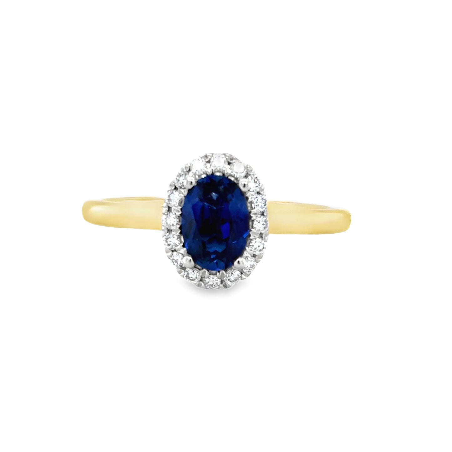 9ct Oval Cut Cultured Sapphire Ring With Cultured Diamond Halo .16ct