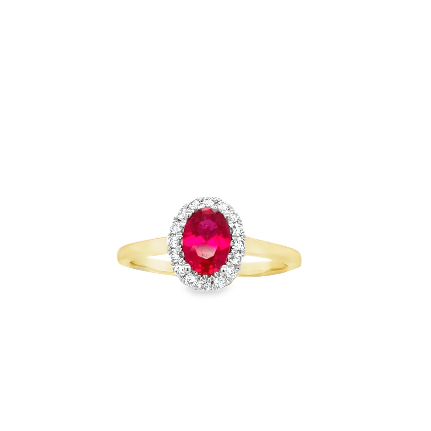 9ct Oval Cut Cultured Ruby Ring With Cultured Diamond Halo .16ct