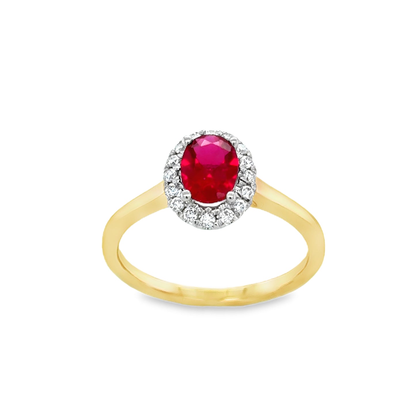 9ct Oval Cut Cultured Ruby Ring With Cultured Diamond Halo .16ct
