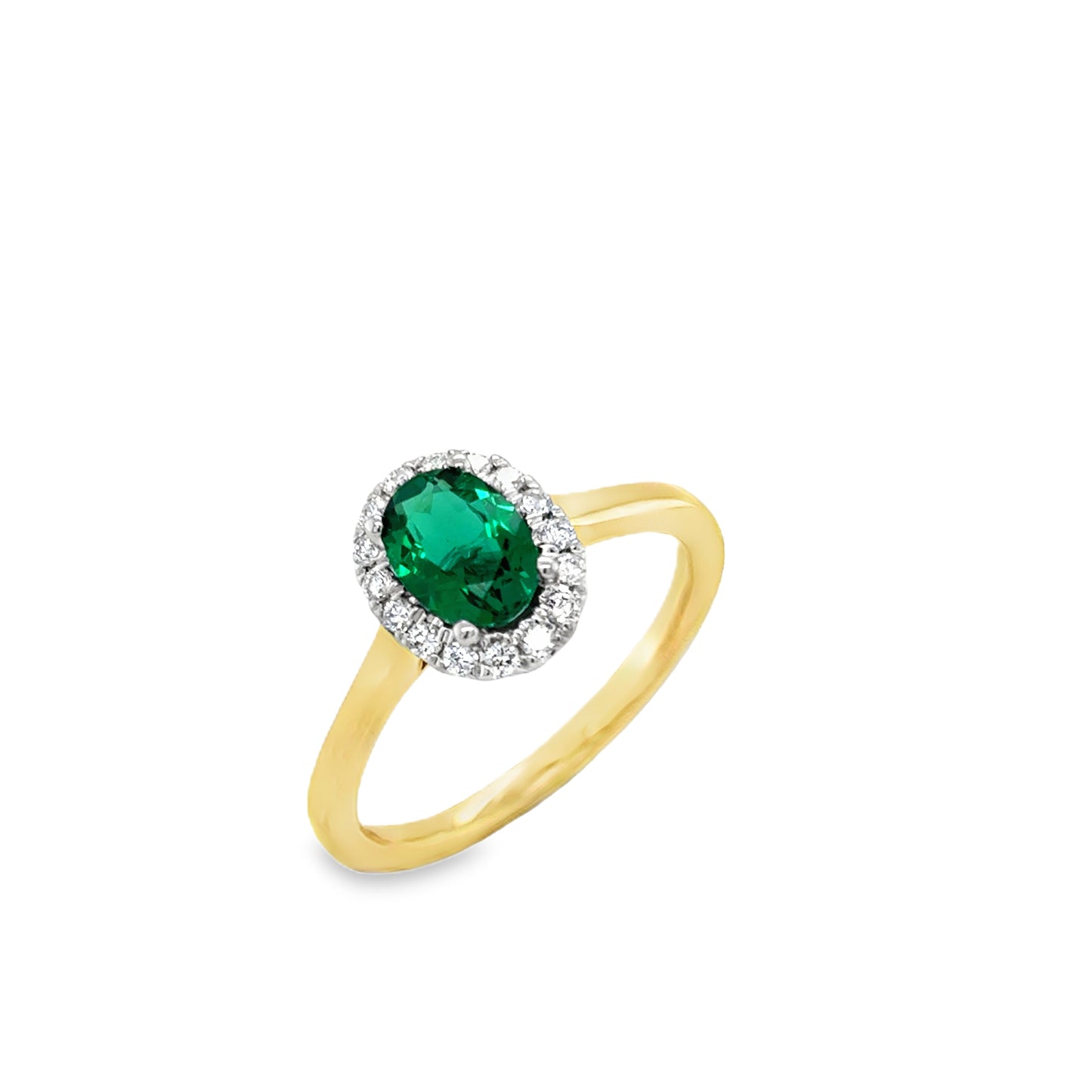 9ct Oval Cut Cultured Emerald Ring With Cultured Diamond Halo .16ct
