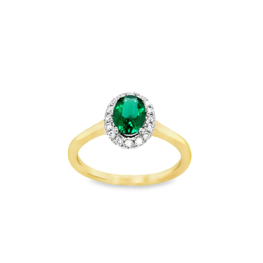 9ct Oval Cut Cultured Emerald Ring With Cultured Diamond Halo .16ct