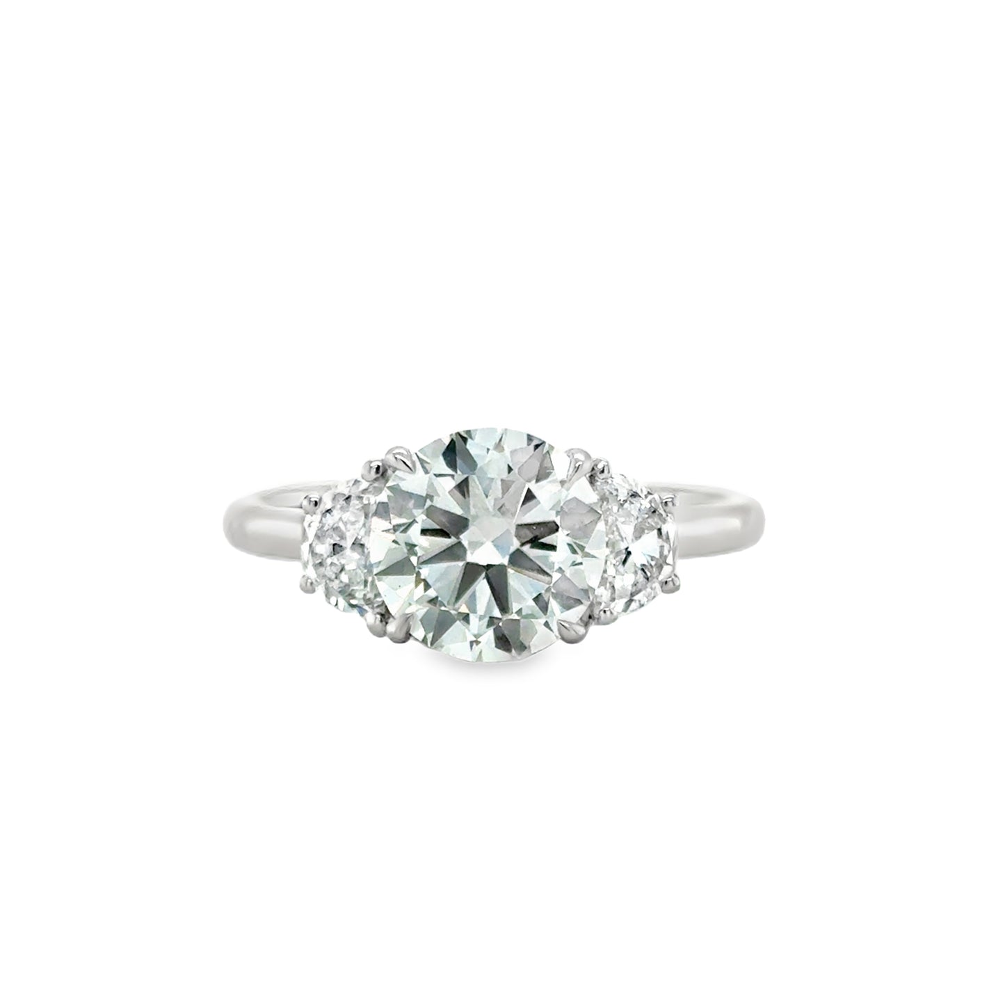 Platinum 3 Stone Round Brilliant Cultured Diamond Ring With Demi-Lune Side Stones 2.51ct