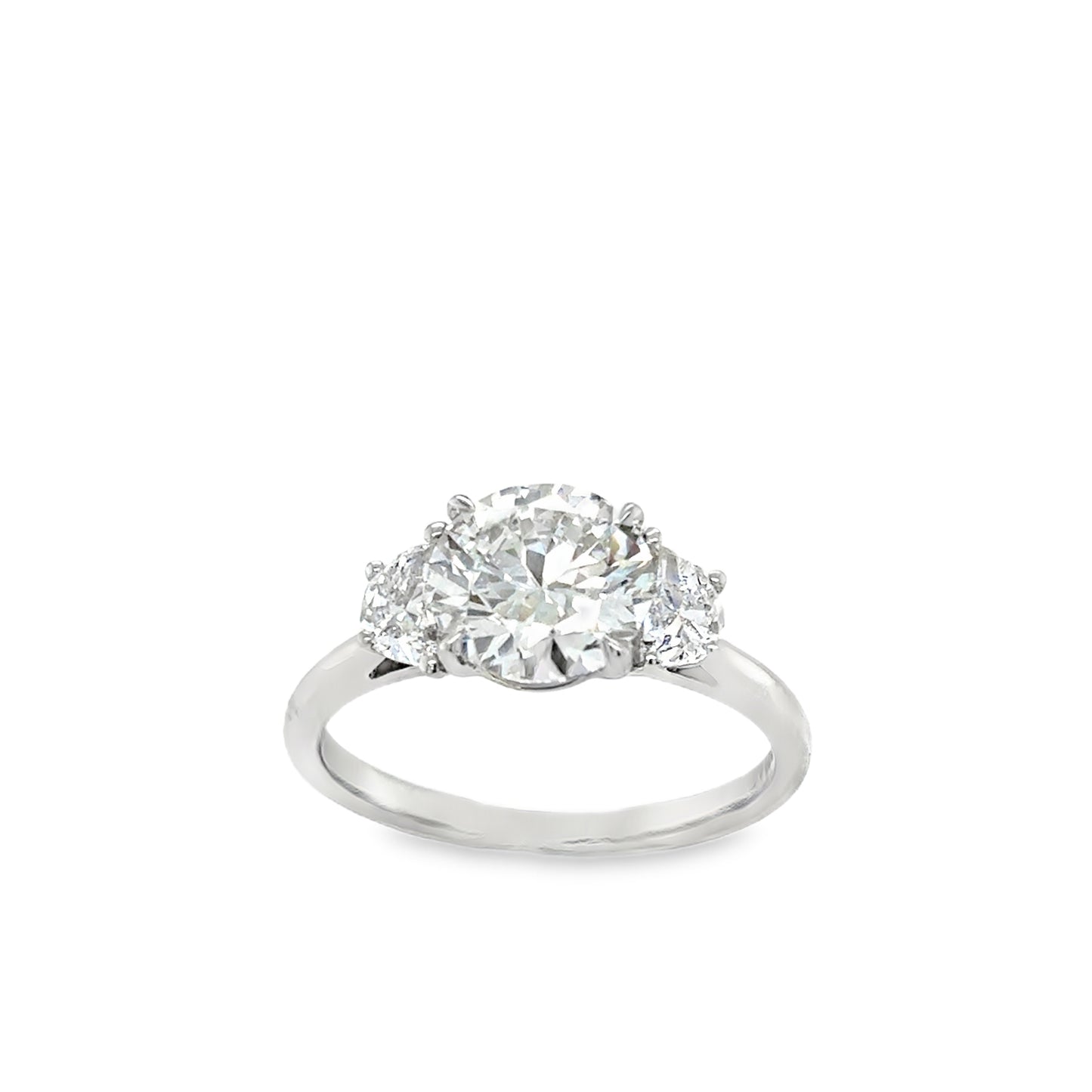 Platinum 3 Stone Round Brilliant Cultured Diamond Ring With Demi-Lune Side Stones 2.51ct
