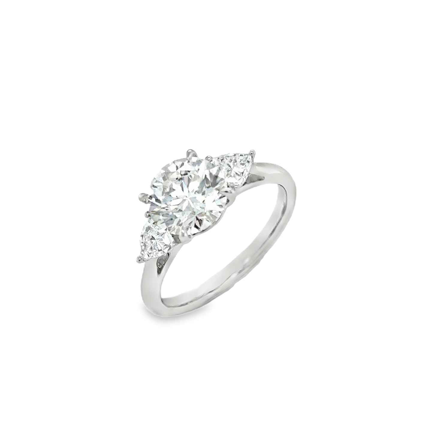 Platinum 3 Stone Round Brilliant Cultured Diamond Ring With Trillion Cut Side Stones 2.58ct