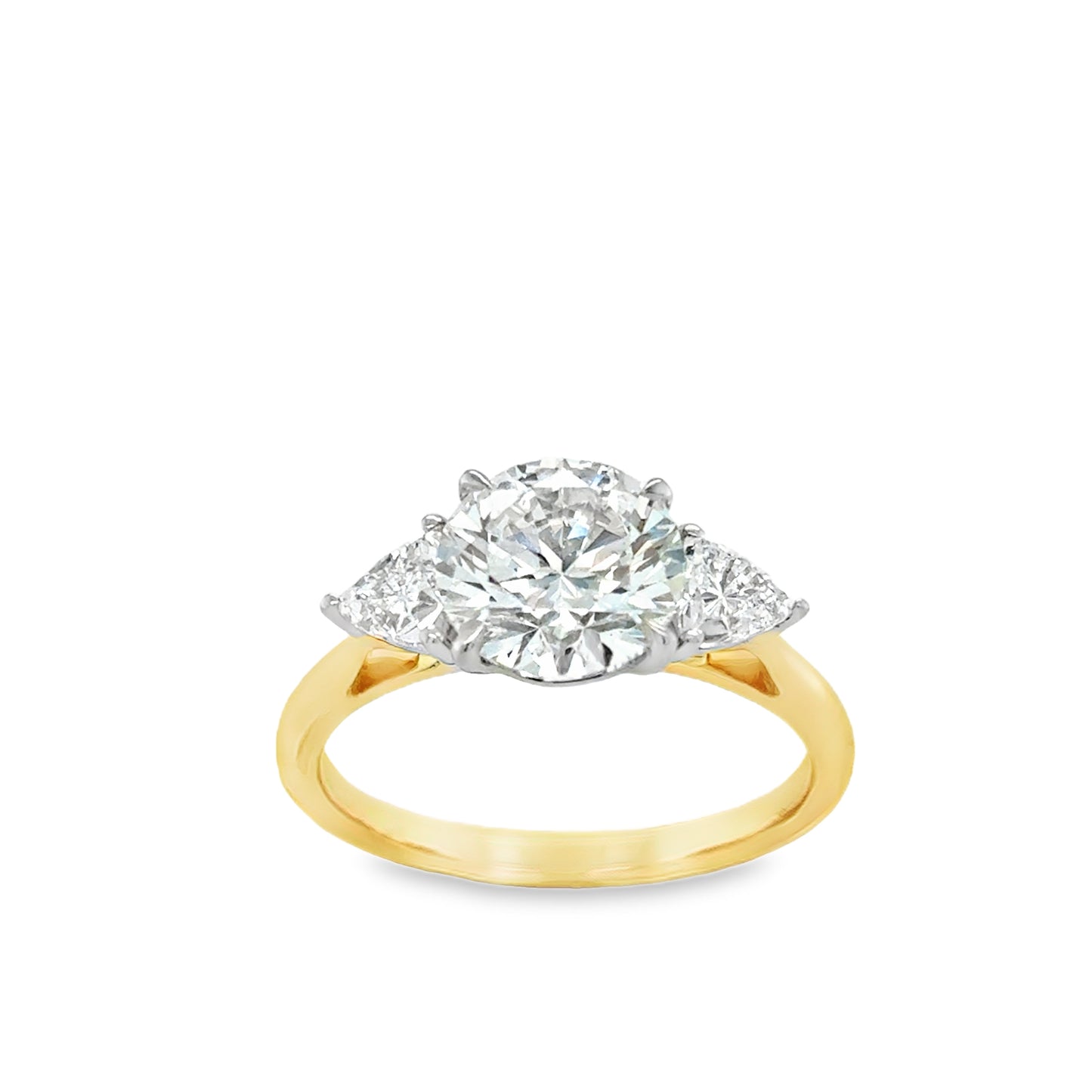 18ct 3 Stone Round Brilliant Cultured Diamond Ring With Trillion Cut Side Stones 2.63ct