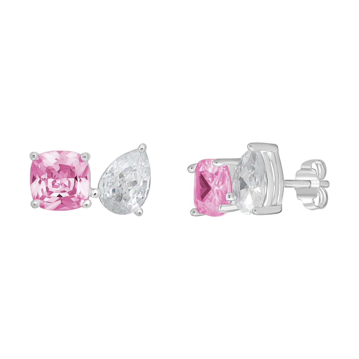 Sterling Silver CZ Pink & White Moi Et Toi Stud Earrings