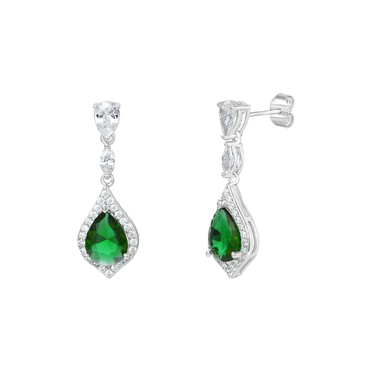 Sterling Silver CZ Green Fancy Pear Halo Drop Earrings