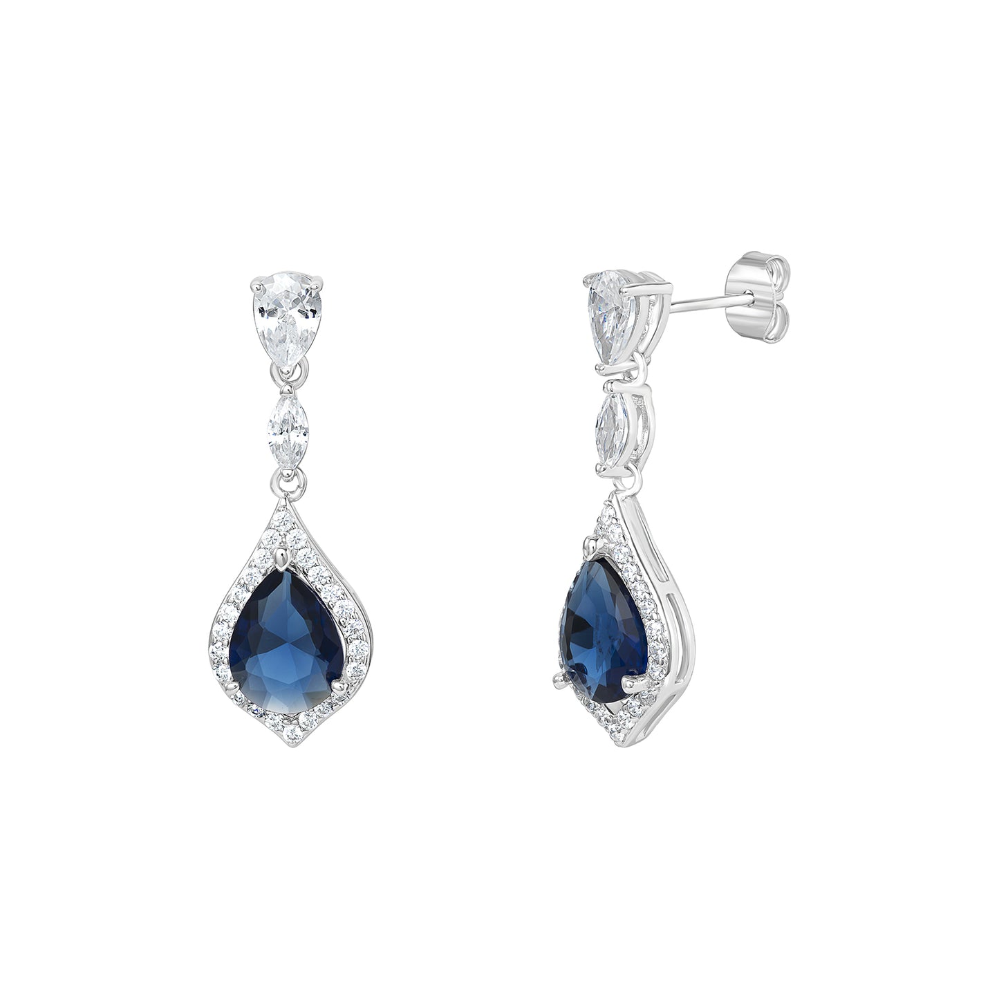 Sterling Silver CZ Blue Fancy Pear Halo Drop Earrings