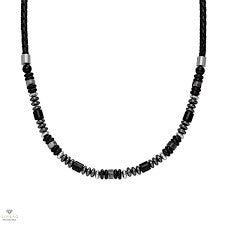 Steelwear Stainless Steel Black Leather Beaded Necklet