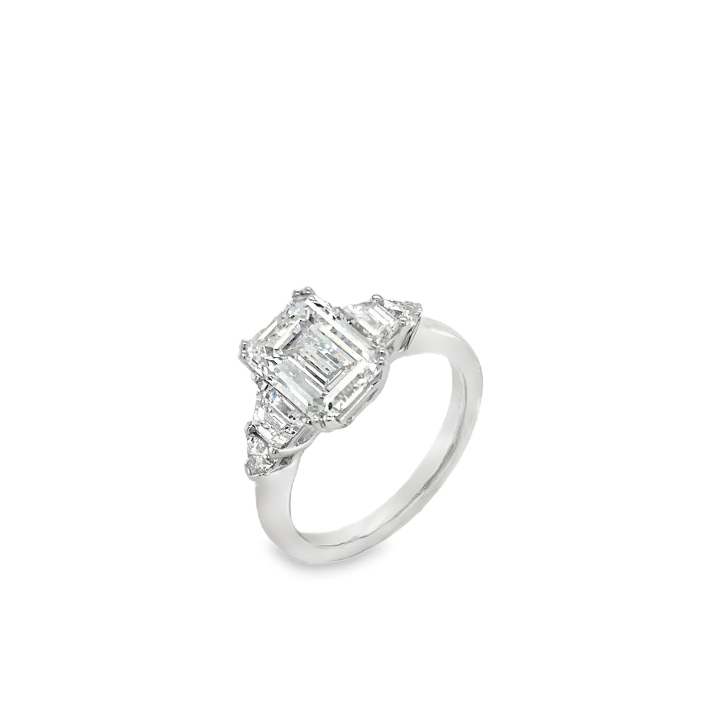 Platinum Emerald Cut Cultured Diamond Ring With Cultured Trillion & Trapezium Cut Shoulders 4.02ct