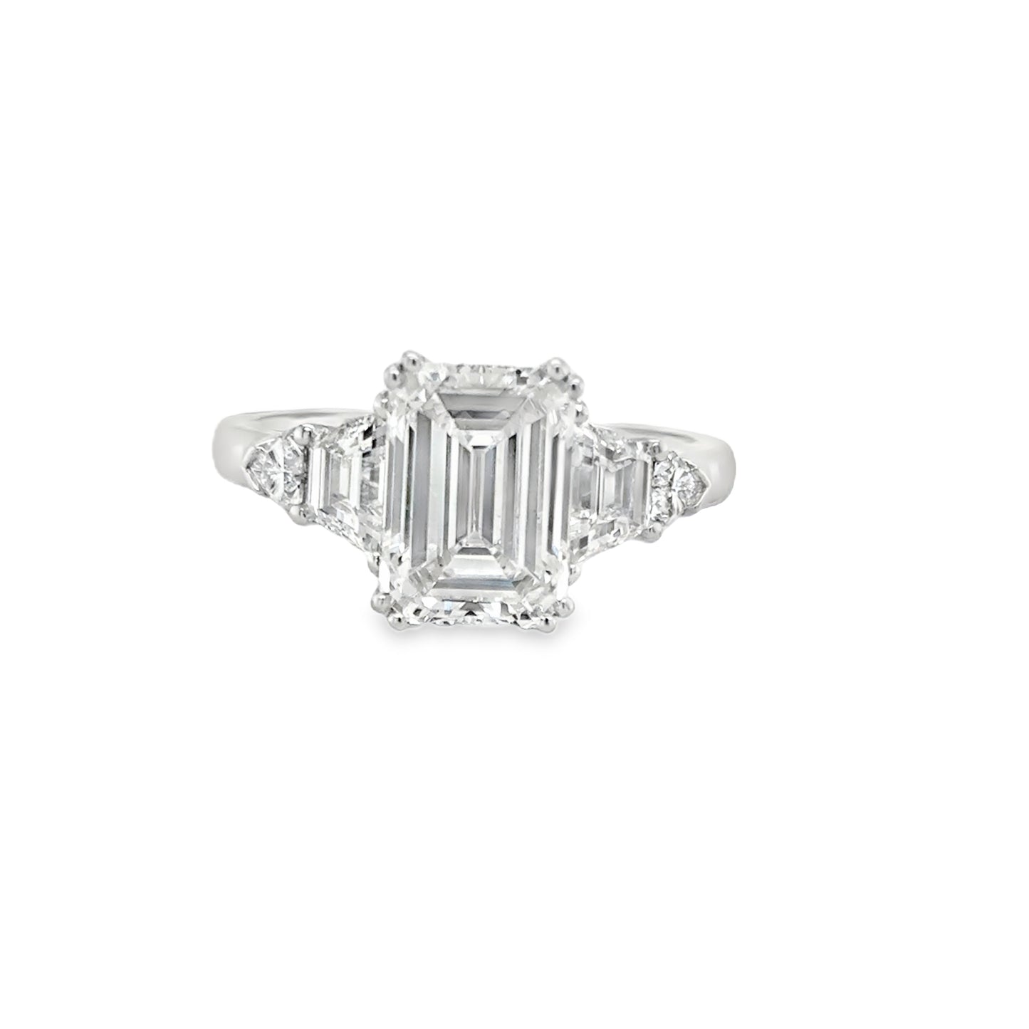 Platinum Emerald Cut Cultured Diamond Ring With Cultured Trillion & Trapezium Cut Shoulders 4.02ct