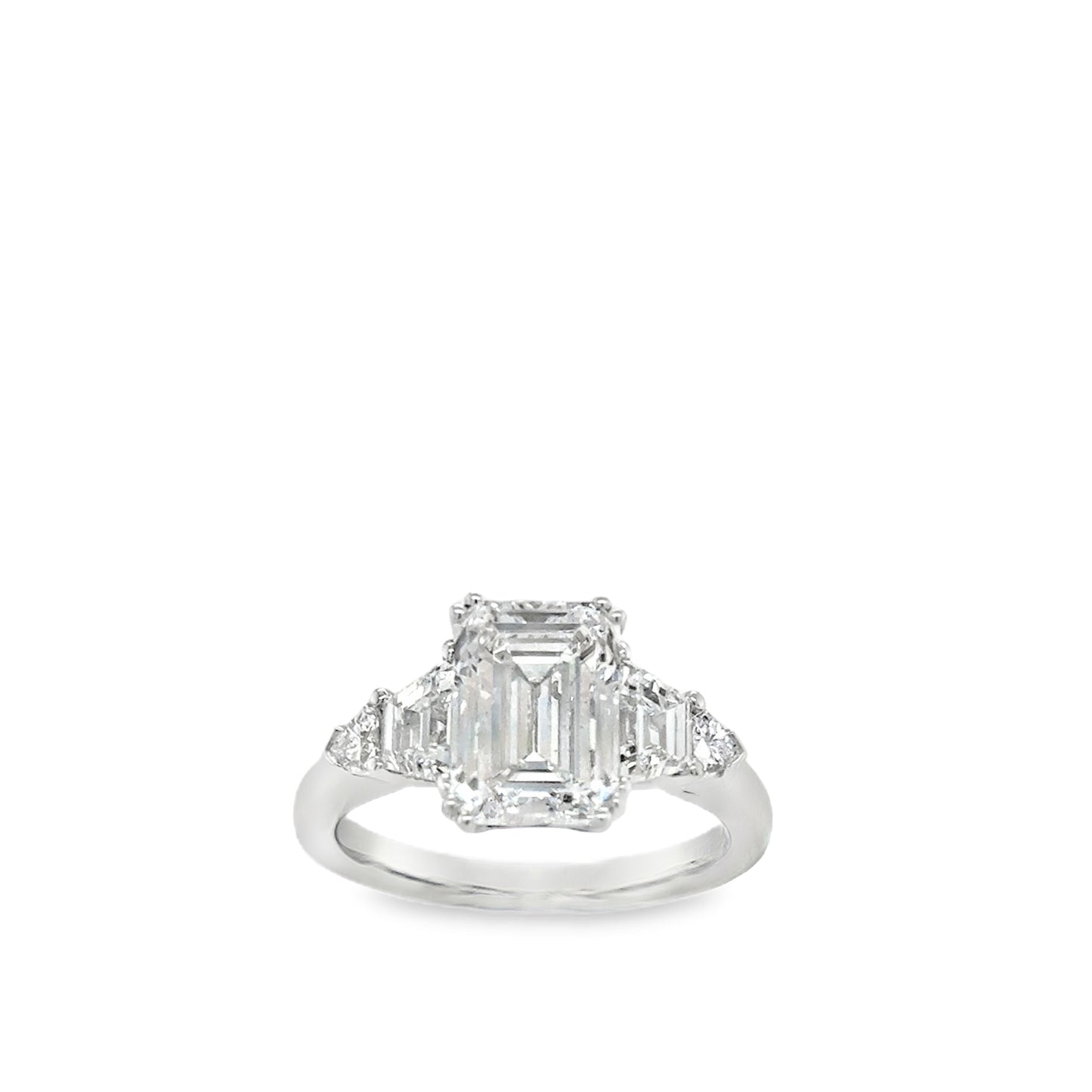 Platinum Emerald Cut Cultured Diamond Ring With Cultured Trillion & Trapezium Cut Shoulders 4.02ct
