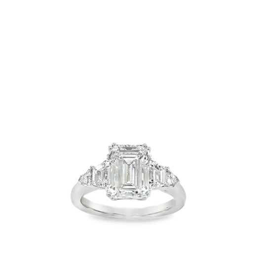 Platinum Emerald Cut Cultured Diamond Ring With Cultured Trillion & Trapezium Cut Shoulders 4.02ct