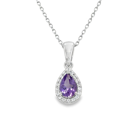 Sterling Silver CZ & Natural Purple Amethyst Pear Halo Pendant
