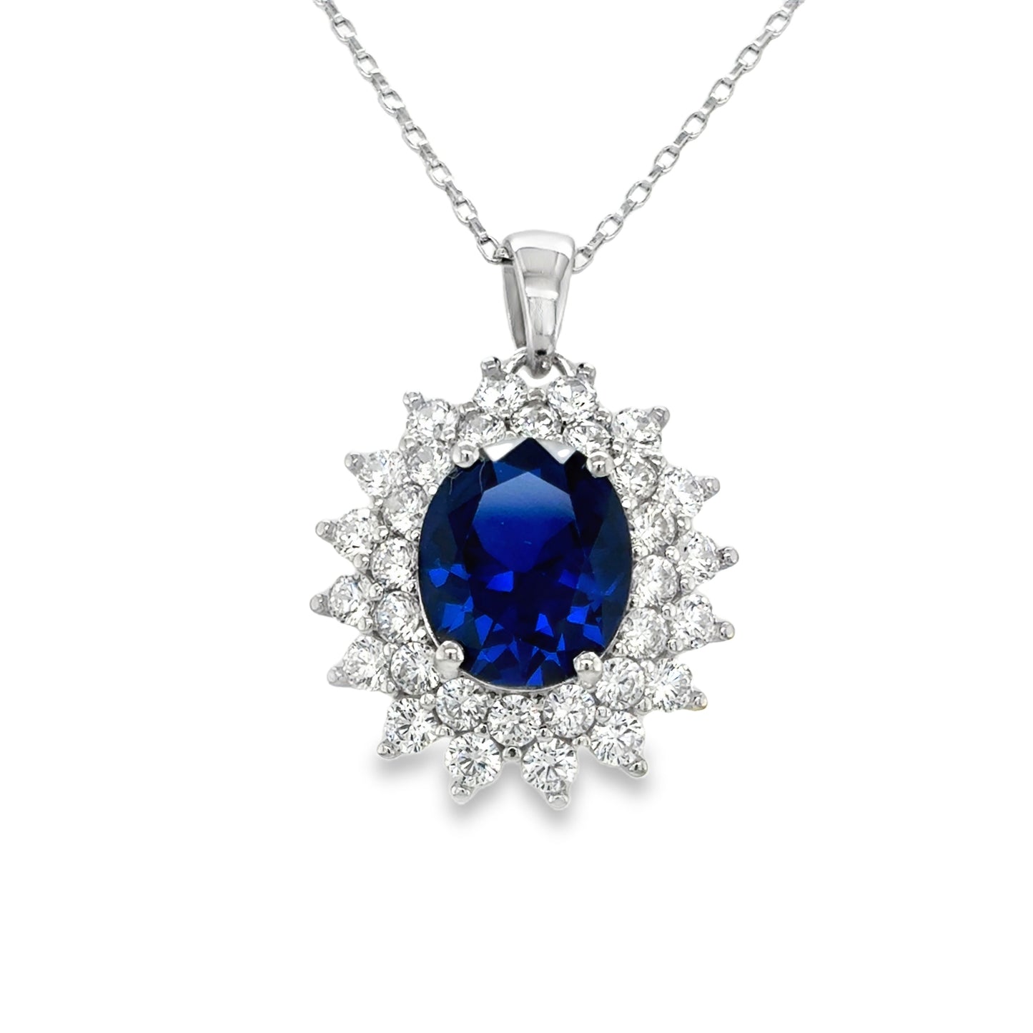Sterling Silver Blue CZ Oval Double Halo Pendant