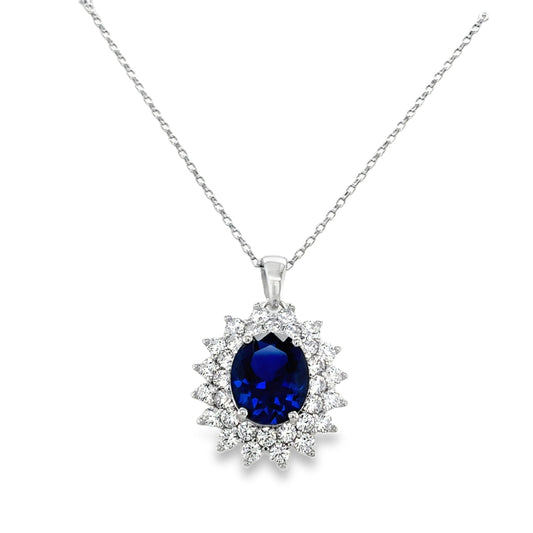 Sterling Silver Blue CZ Oval Double Halo Pendant