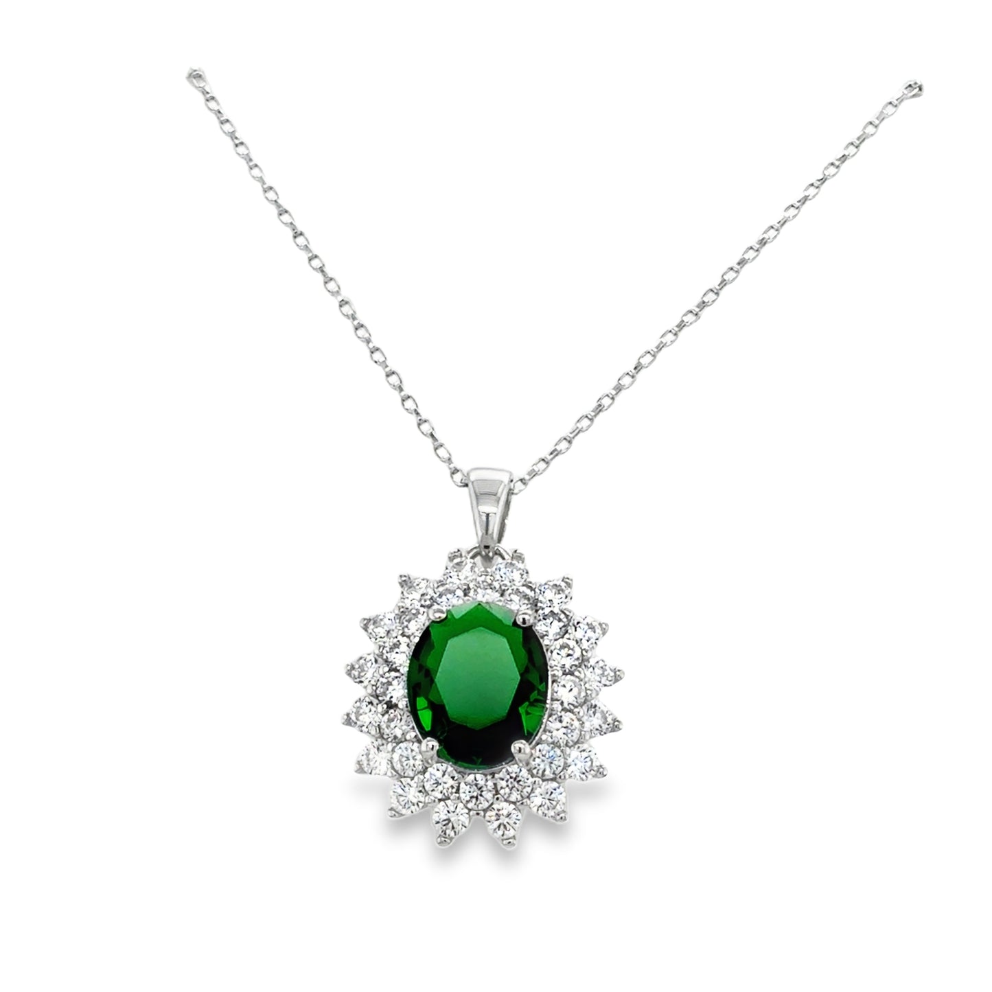 Sterling Silver Green CZ Oval Double Halo Pendant