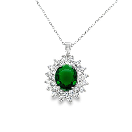 Sterling Silver Green CZ Oval Double Halo Pendant