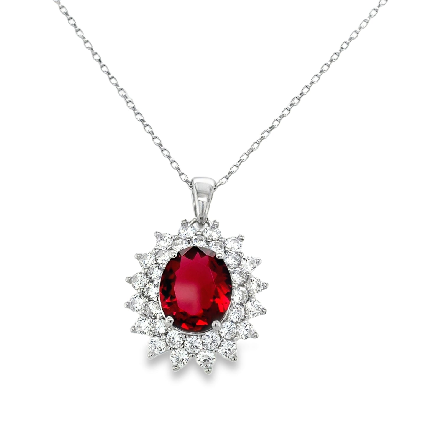 Sterling Silver Red CZ Oval Double Halo Pendant