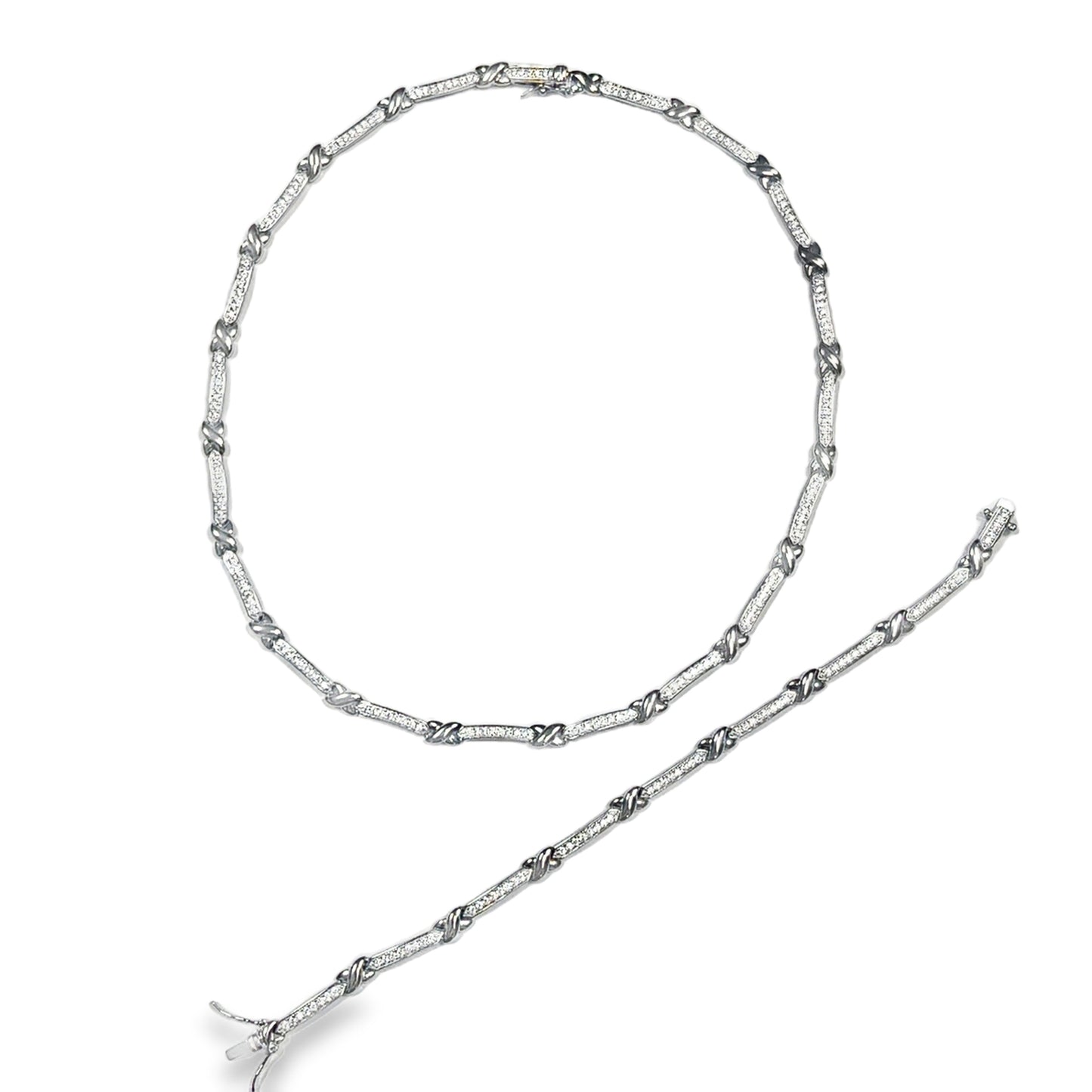 Sterling Silver Channel Set CZ Bar and Kiss Bracelet and Necklet Set